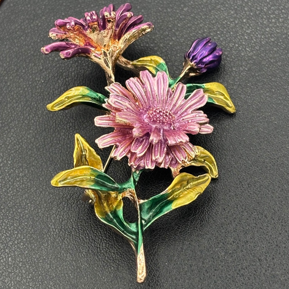 Flower Brooch Women Pink Purple Enamel Floral Rose Gold Tone Pin